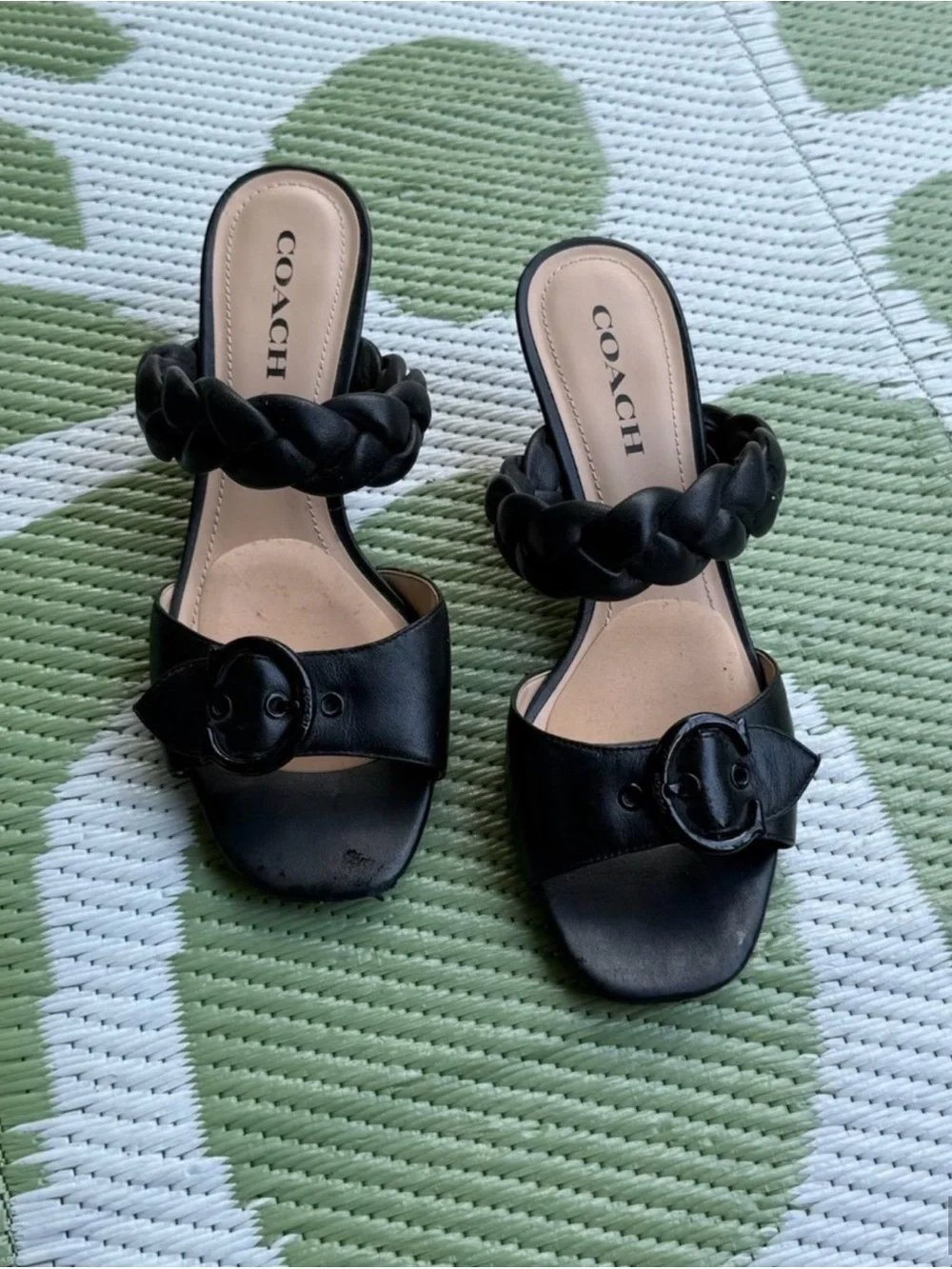 Coach Black Leather Braided Strap Heeled Sandals